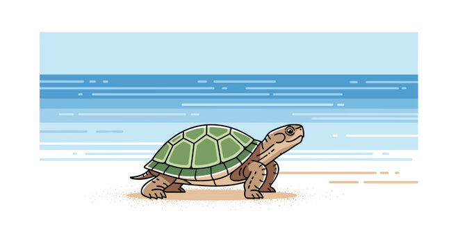 A resilient green sea turtle walks steadily across a sandy beach toward the layered blue ocean waves under a clear and bright coastal sky landscape.