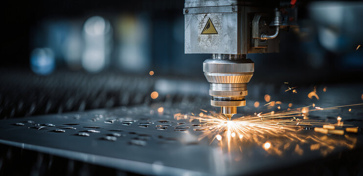 Close-up of a laser cutting machine in action, showcasing sparks and precision engineering.