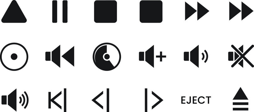 Essential media player icon set play pause stop volume eject more vector graphics