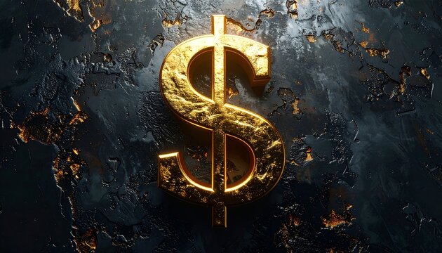A golden dollar sign is centrally placed on a textured dark surface with golden glints scattered throughout