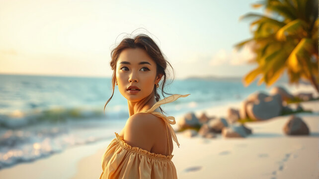 Elegante Frau am tropischen Strand bei Sonnenuntergang