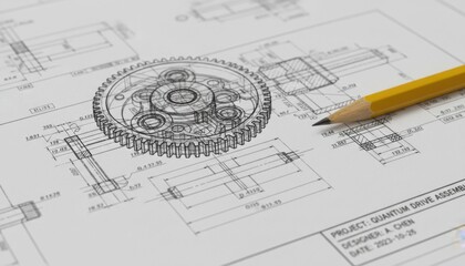 Fototapeta premium Detailed technical drawing of quantum drive assembly featuring gears and shafts with yellow pencil on white background