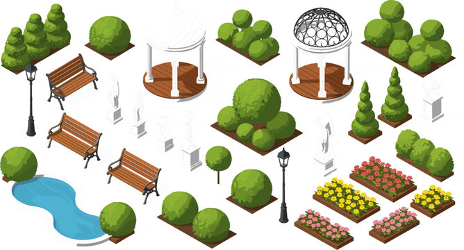 Isometric park elements set with benches trees fountain gazebo statues and flower beds outdoor landscape design collection