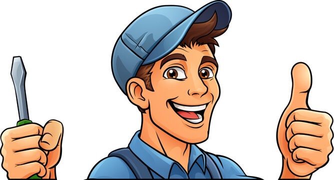 An electrician handyman or other construction cartoon mascot man holding a screwdriver tool.