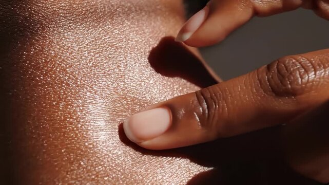 Black woman applying moisturizer on skin, extreme close up shot