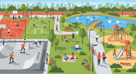 People enjoying a vibrant city park with sports, recreation, and relaxation activities © Aji