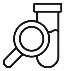 Scientific Research and Laboratory Analysis Vector Icon Illustration Featuring a Test Tube with Liquid and a Magnifying Glass Examining Particles, Minimalist Black Line Art Symbol for Projects. © Eshal
