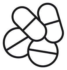 Minimalist black line art vector icon illustration of a pile of medical pills and capsules, representing pharmacy, healthcare, medication, treatment, and pharmaceutical drugs on white background. © Eshal