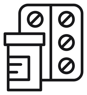 Minimalist black vector icon illustration of a medicine bottle and a blister pack of pills, symbolizing pharmacy, healthcare, prescription drugs, medication, and medical treatment on white.