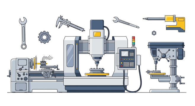 Industrial Machinery Set: Lathe, CNC Mill, Drill Press, Tools, Gears - Pixel Art