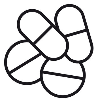 Minimalist black line art vector icon illustration of a pile of medical pills and capsules, representing pharmacy, healthcare, medication, treatment, and pharmaceutical drugs on white background.