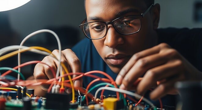 Young man meticulously working on electronic circuit with focused expression