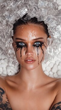 Frau mit Eiskristall-Kopfschmuck in metallisch gl&auml;nzendem Portrait