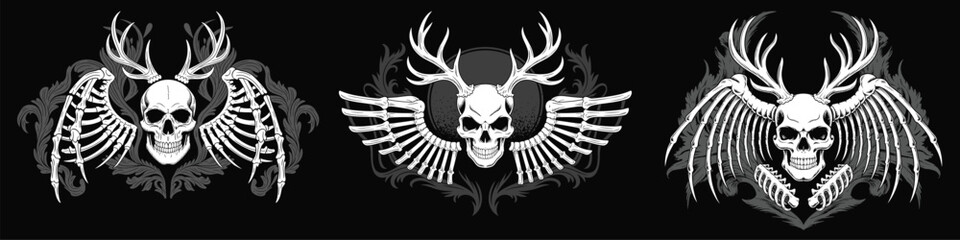 Fototapeta premium PrintDark skull emblem illustration with antlers and wings, gothic decorative flourishes, fantasy artwork, vintage tattoo style, 