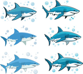 Naklejka premium PrintPlayful cartoon shark illustrations with bubbles underwater, set of six unique blue sharks in different poses, fun aquatic animal clipart for kids and education