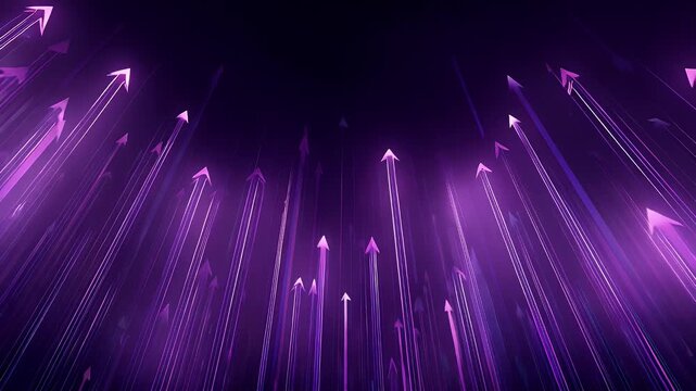 Glowing purple arrows ascend upwards against dark void, symbolizing growth progress direction and data flow, abstract motion graphics background footage.