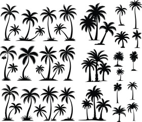 Fototapeta premium PrintStylized palm tree silhouette collection in diverse shapes and sizes, tropical black artwork for coastal themes, decorative design, logos, and summer vacation projects