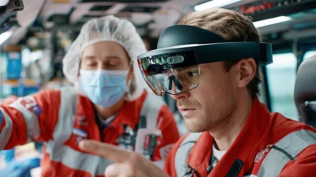 Medical Professionals Utilizing Augmented Reality: Two medical professionals are seen immersed in an augmented reality experience, likely within an ambulance setting.