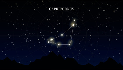 Capricorn or Capricornus zodiac Star constellation on dark background of night sky with stars. Astrology or astronomy vector design element © Evelin