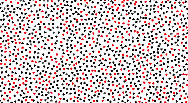 A multitude of small, scattered red, black, and gray hearts on a white background
