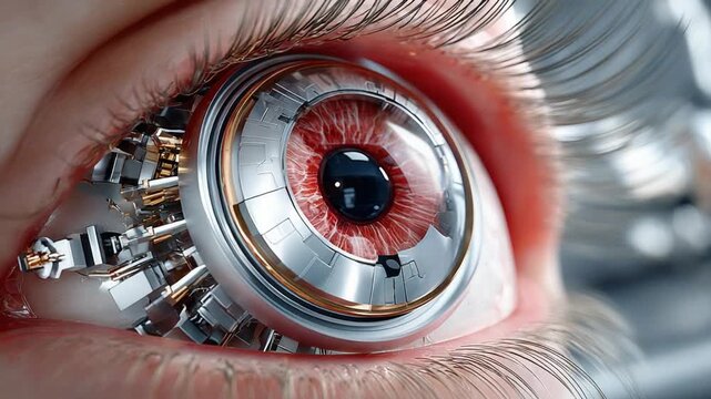 Mechanical Eye: A close-up shot of a human eye replaced with intricate mechanical components, highlighting the fusion of technology and biology, suggesting a future-forward concept.