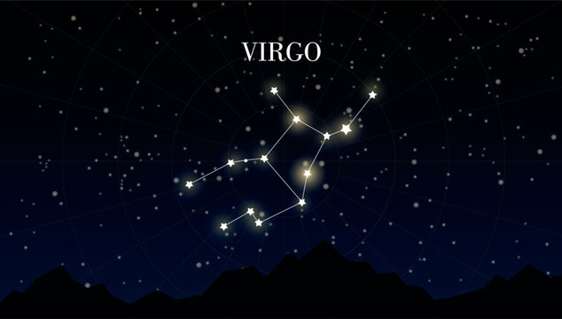 Virgo zodiac Star constellation on dark background of night sky with stars. Astrology or astronomy vector design element