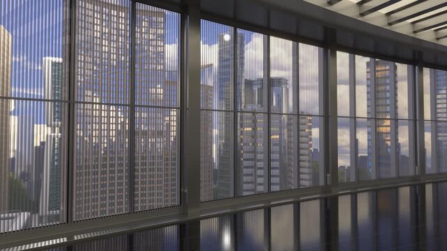 A view of moving clouds through panoramic windows in the corridor of an office building. 3d animation