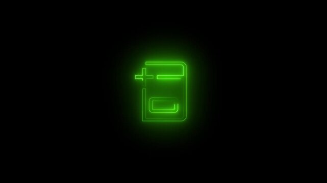 Neon glowing green color dictionary add book icon on black background animation