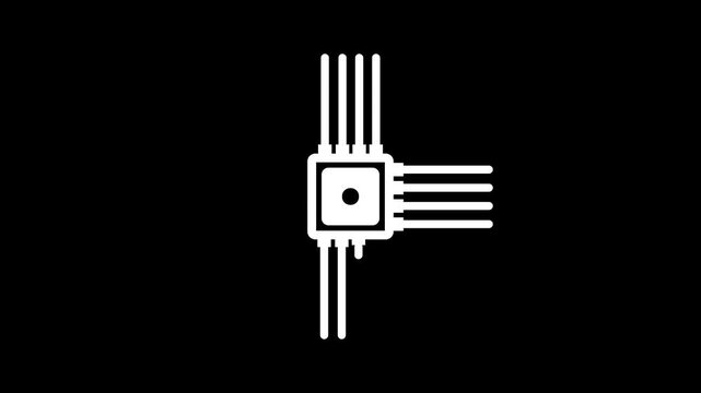 Microchip line icon, computer processor icon, simple logotype CPU icon animation.Microchip line animation. Electronic component animated icon. Moving signals, scaling circles. Processor chip