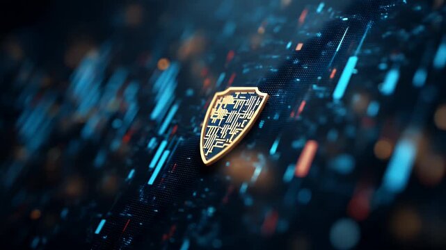 Digital shield emblem cybersecurity concept protected network data privacy safety abstract technological background futuristic motion graphics security emblem glowing.