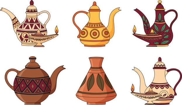 Traditional Arabic teapot vector set decorative dallah coffee pots collection with ornamental patterns isolated cultural illustration