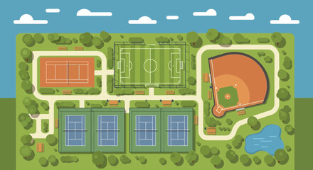 Aerial View of Outdoor Sports Complex with Soccer, Tennis, and Baseball Fields © Arana