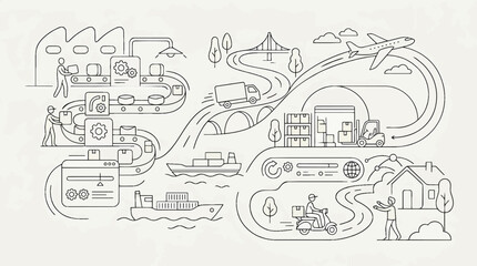 Naklejka premium Logistics and supply chain flow concept scene in S006-V2 strict curved minimal line logic - logistics, supply, chain, flow, concept, scene, s006-v2, strict