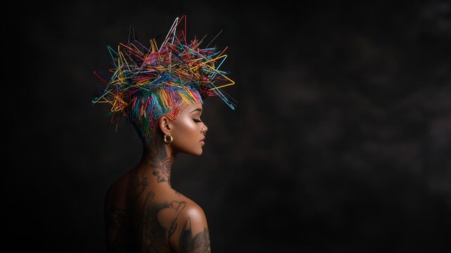 Frau mit geometrischem bunten Draht-Kopfschmuck und Tattoos