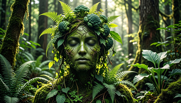 Mystical Nature Goddess Portrait in Lush Forest Setting