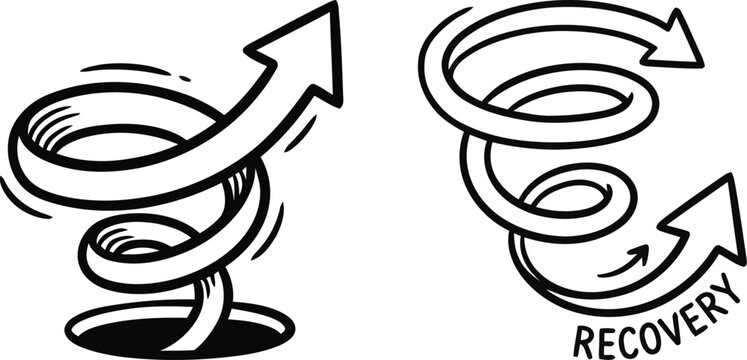 Hand drawn doodle style upward spiraling arrow emerging from a dark hole vector illustration for economic recovery, business bounce back, and financial growth success.