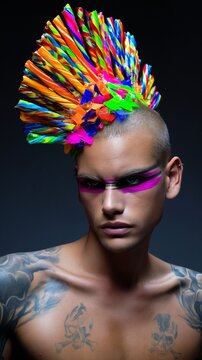 Mann mit buntem Neon-St&auml;bchen-Kopfschmuck und Tattoos