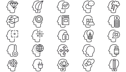 Obraz premium 25 Minimalist Black Line Art Human Head Profile Vector Icon Set. Symbols for Psychology, Mental Health, Education, Business, Technology, Creativity, Brainstorming, and Artificial Intelligence Bundle.