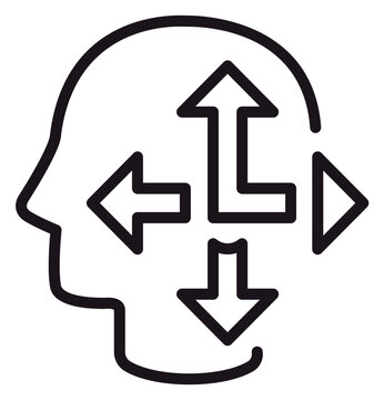 Minimalist black vector icon illustration of a human head profile with four directional arrows pointing up, down, left, and right, symbolizing decision making, mental navigation, and strategy.