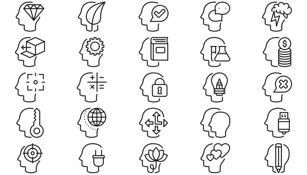 25 Minimalist Black Line Art Human Head Profile Vector Icon Set. Symbols for Psychology, Mental Health, Education, Business, Technology, Creativity, Brainstorming, and Artificial Intelligence Bundle.