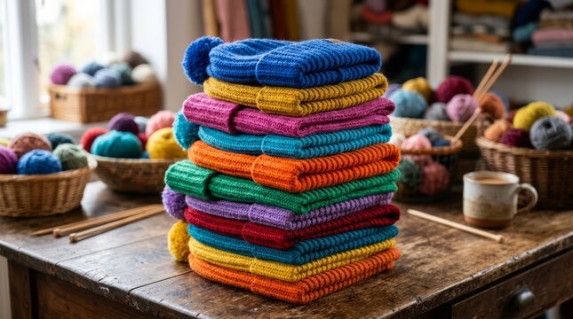 Vibrant stack of handmade knitted hats in rainbow colors, showcasing cozy winter warmth and craft.