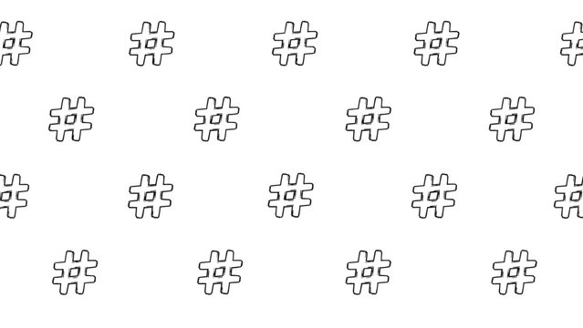 Simple hand drawn seamless pattern featuring black hashtag symbols scattered across a plain white background for social media themes.