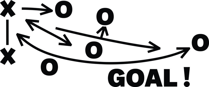 Sports strategy tactic board with black arrows and icons showing game plan movement to achieve a winning goal success,