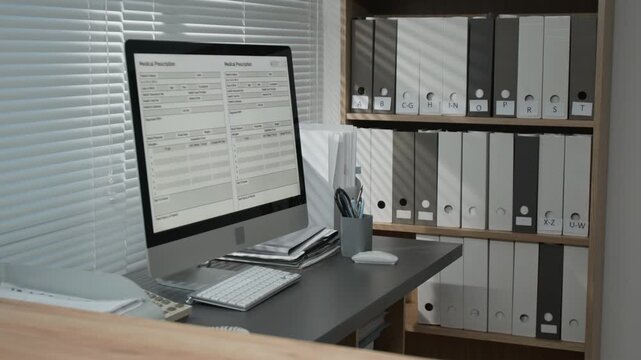 Modern desktop computer monitor with patient registration form on screen placed near window at reception desk in hospital, bookcase with ring binders in background, copy space