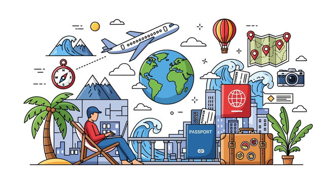 Colorful hand-drawn travel and vacation icons with globe and airplane.
