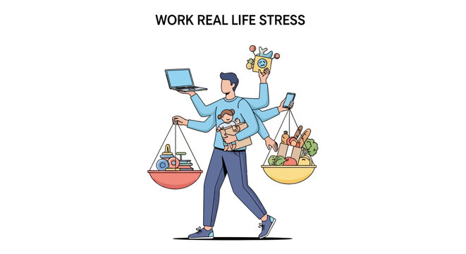 A multitasking man with multiple arms balances work, life, and stress, holding a laptop, phone, child, and groceries in a flat vector illustration with a clean white background