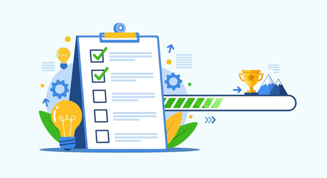 Illustration of a checklist with progress bar and trophy symbolizing achievement and success.