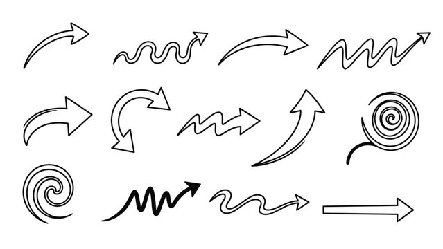 Selection of hand drawn doodle arrows in different shapes like curved, wavy, and spiral pointing in various directions for flowcharts and design.