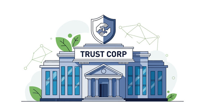 Illustration of a secure financial institution building with trust and protection concepts.