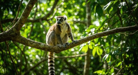 Fototapeta premium Ring-tailed lemur perched on a branch in a lush forest.